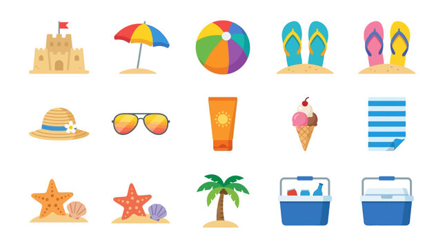 Colorful beach items including sandcastle, umbrella, and more