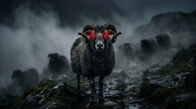 Ominous Ram with Glowing Red Eyes in Foggy Mountains, Dark Horror Concept