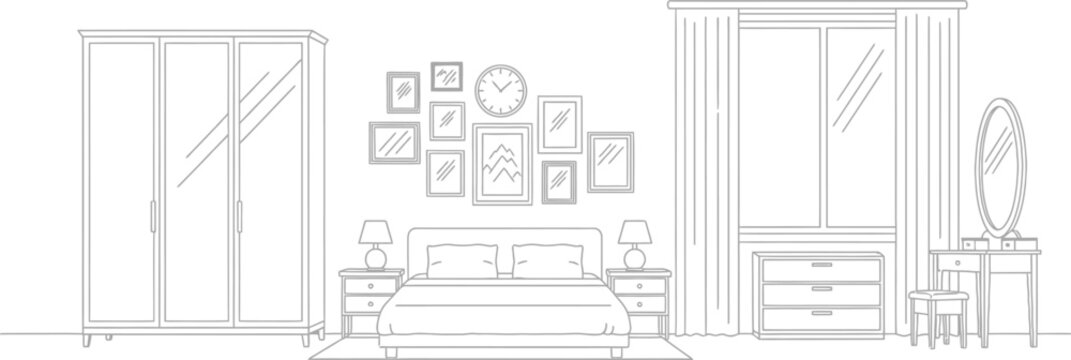 Bedroom interior line art vector featuring a double bed wardrobe vanity table and gallery wall for home design