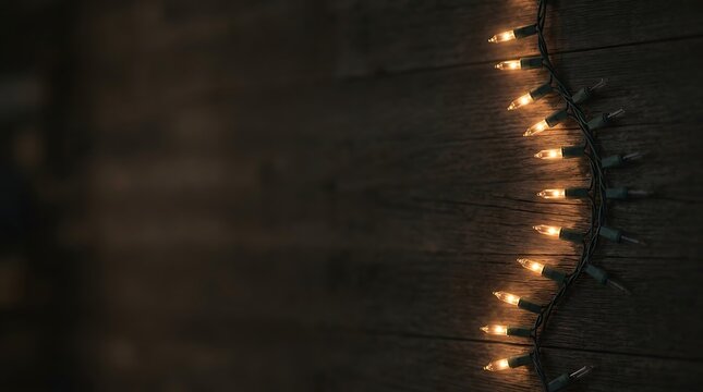 Glowing holiday string lights on a rustic dark wood surface