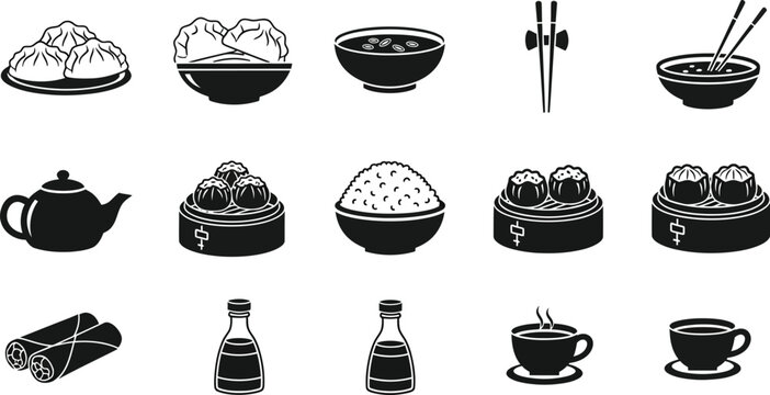 Chinese dim sum and asian food icon set featuring dumplings soup noodles teapot and spring rolls vector illustration