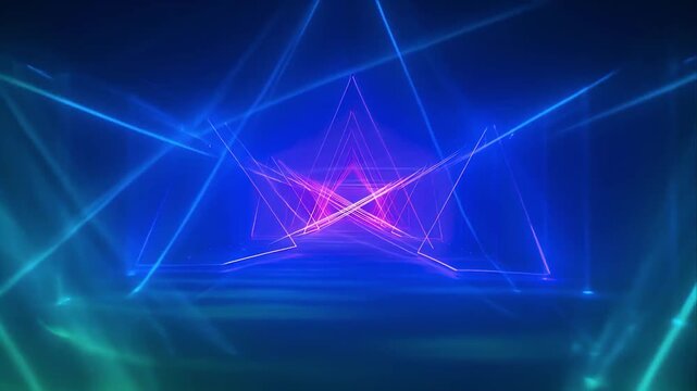 Neon light laser background abstract star geometry purple blue glow futuristic tunnel fantasy dreamy energy triangle corridor vibrant beam geometric pattern perspective glowing green blue light