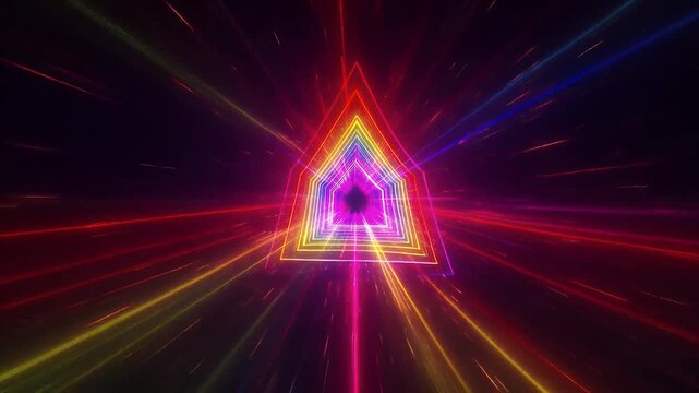 Neon triangle background glow tunnel light space abstract design energy motion color spectrum futuristic fantasy digital art vibrant geometric line depth perspective