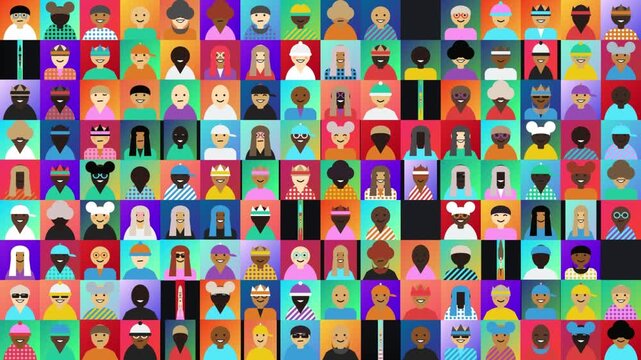 Diverse group of stylized flat vector avatars in a grid pattern