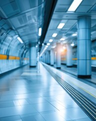 Obraz premium A modern, empty subway station with blue tones, bright overhead lights, and sleek tiled floors and walls, evoking a clean and futuristic urban transit environment.