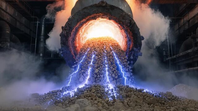 Close medium shot of a glowing discharge rotary kiln with vibrant plasma arcs enhancing the calcination process of alumina hydrate into smeltergrade alumina in an advanced smelting