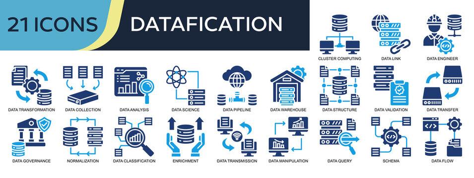 Collection of Datafication icons, related to Cluster Computing, Data Transformation, Data Analysis, Schema, Data Structure and more. Solid icons vector illustation.