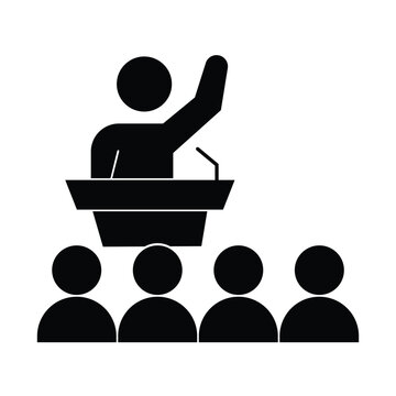 Public speaking speaker giving speech on podium icon