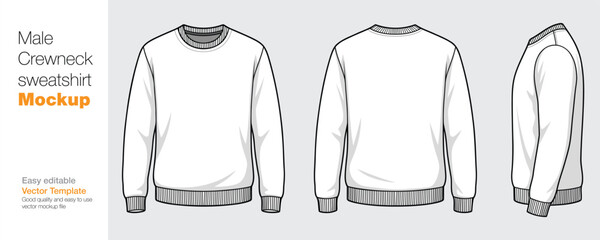 Men's Crewneck Sweatshirt Mockup Vector Template - Front, Back, and Side View © SK design