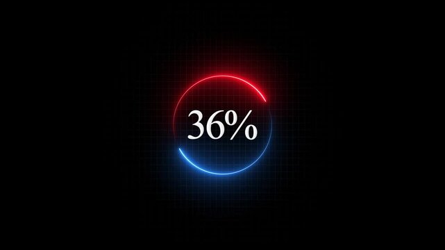 36 percent loading progress circle with neon glowing red and blue ring animation on dark grid background
