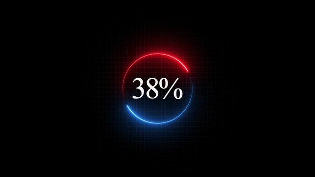 38 percent loading circle progress bar with neon red and blue glowing ring animation on grid background