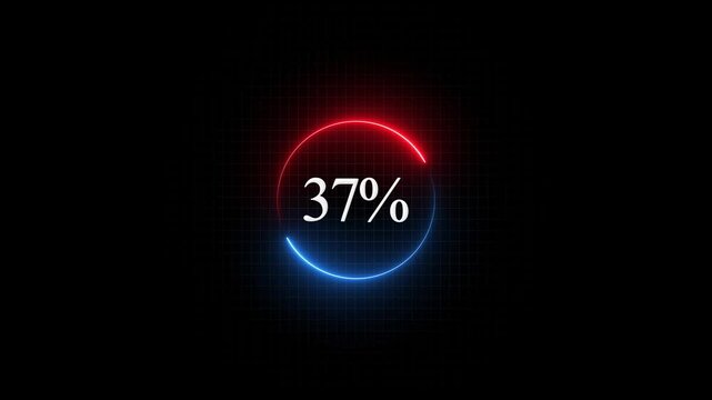 Neon circular loading progress bar animation with 37 percent digital counter on grid background circle