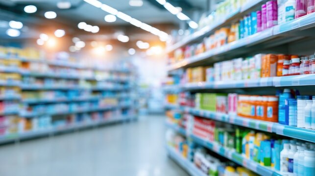 A brightly lit, modern supermarket aisle stocked with various colorful packaged products on the shelves.