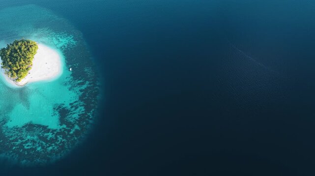Aerial view of a pristine white sand beach and turquoise coral reef surrounded by the deep blue Indian Ocean in Kudahuvadhoo, Dhaalu Atoll, Maldives.