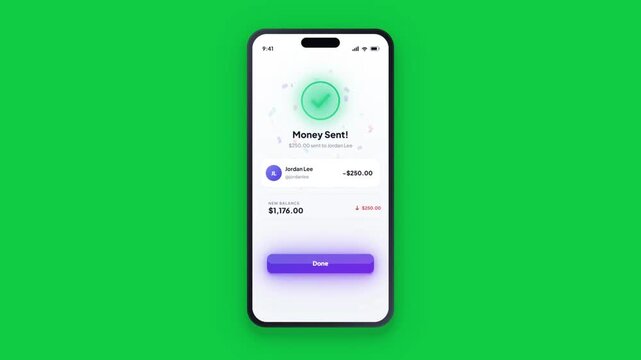 3D smartphone app sending money transfer to contact with payment confirmation on green screen