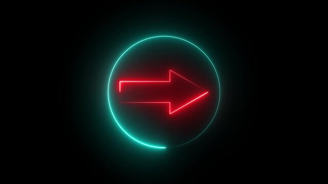 Neon direction right arrow sign icon animation glowing red and cyan color help signal place road sign circle information traffic signal journey footage icon sign symbol on black background