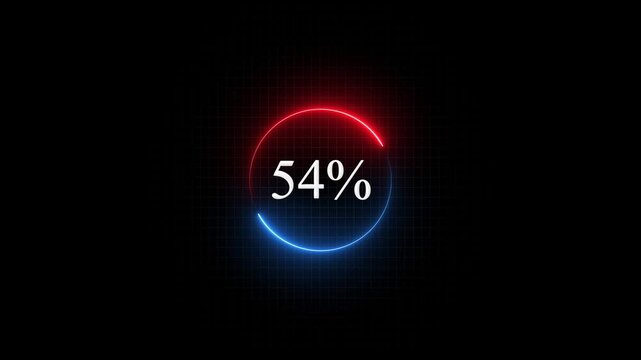 Neon circular progress bar loading animation with 54 percent counter, digital hud interface for tech and data visualization