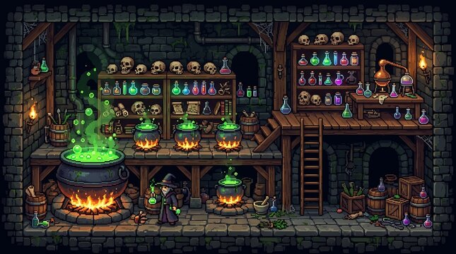 Pixel art wizard brewing glowing green potions in dark stone dungeon