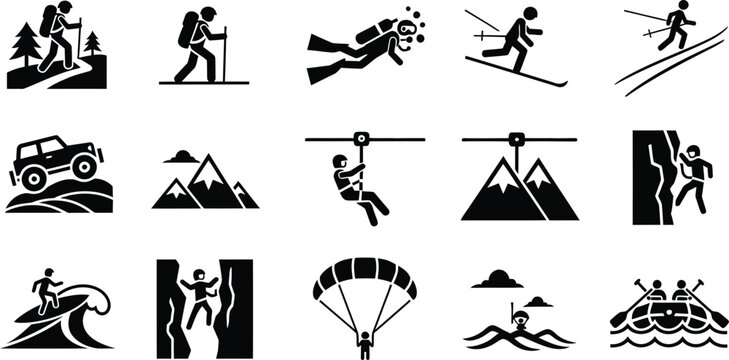 Outdoor adventure and extreme sports icon set featuring hiking skiing scuba diving rock climbing and rafting vector illustrations for travel and recreation.