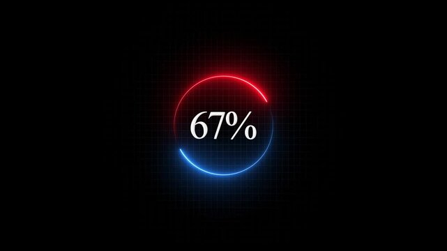Neon loading circle progress bar animation with 67 percent counter, digital hud interface for technology and data loading concepts