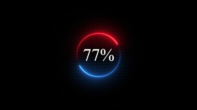 77 percent loading circle animation with neon red and blue glowing ring on dark grid background seventy-seven
