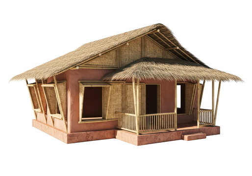Traditional bamboo hut house exterior view isolated on transparent background realistic 3d rendering.