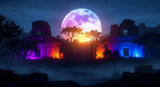 Enchanting Ancient Ruins Under A Giant Glowing Supermoon.