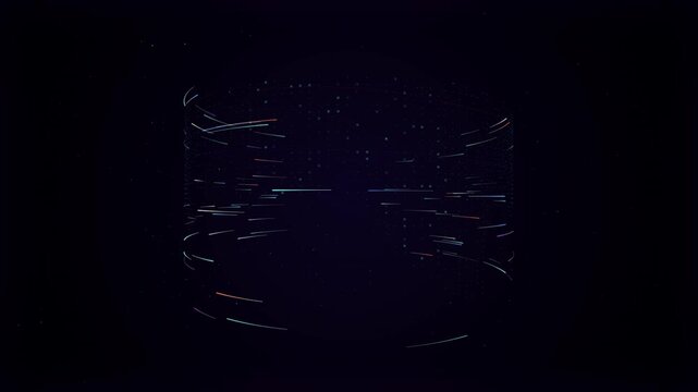 Abstract digital cylinder shape made of glowing lines and particles on a dark background