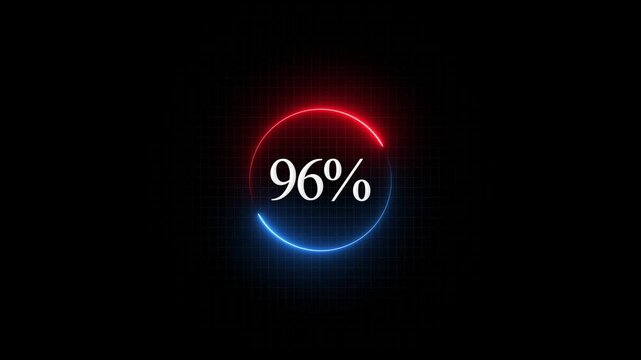 96 percent loading progress circle with neon glowing red and blue ring animation ninety-six percent