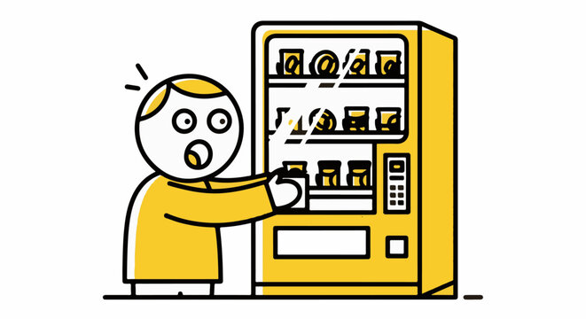 Surprised man using yellow vending machine indoors.