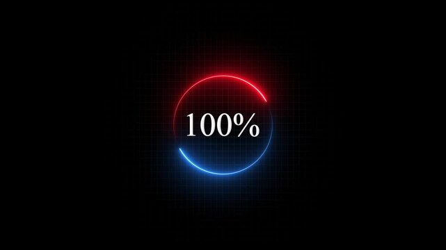Neon circular loading progress bar animation with 100 percent completion, glowing red and blue hud interface for digital technology and ui