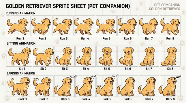 Golden retriever dog sprite sheet showing running sitting and barking actions