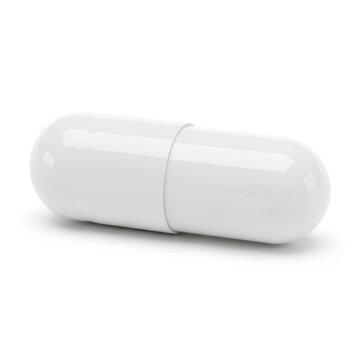 A single white pill with a white string attached to it on a white background