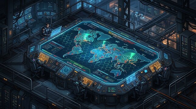 Futuristic military command center with large glowing digital world map display