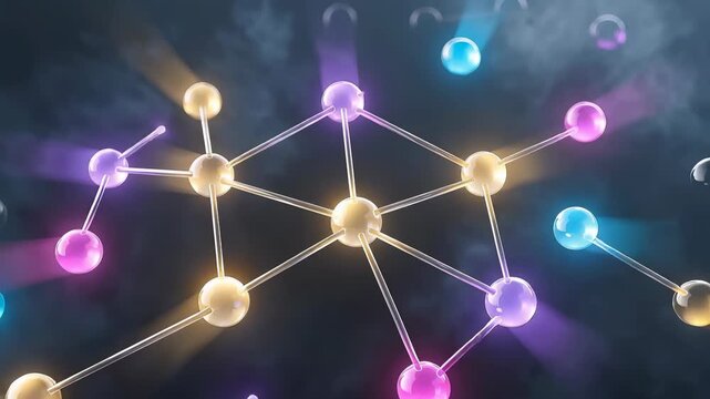 Luminous neon molecule spheres connecting and forming a complex chemical network structure. Abstract technology, science, and medical research visualization on a dark background