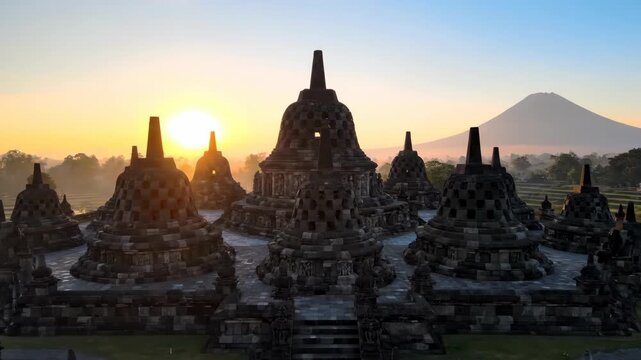 Sunrise over Borobudur Temple with Mount Merapi in the background, Java, Indonesia.