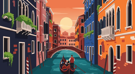 Venice Canal at Sunset, A Charming Vector Illustration of a Gondola Ride Through Colorful Buildings © PDWN Creative