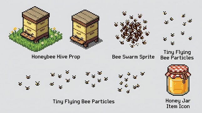 Detailed pixel art honeybee hive swarm and honey jar game assets
