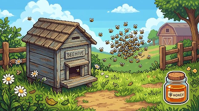 Wooden beehive with buzzing bees in a vibrant pixel art meadow