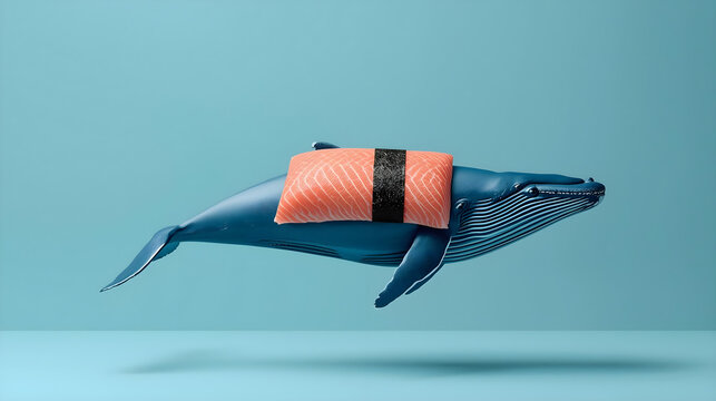 Creative surrealistic illustration of a blue whale swimming with a fresh salmon fillet and seaweed wrap on its back like a sushi nigiri, conceptualizing overfishing and ocean conservation for World Oc