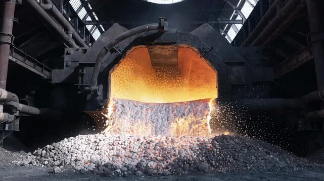 View of slag door opening on a tin smelting reverberatory furnace with sparks flying and molten waste being removed showcasing the cleaning and maintenance process