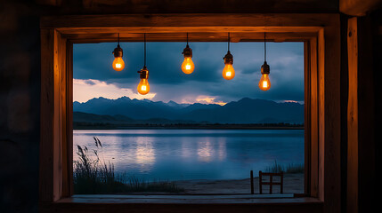 Fototapeta premium Serene lakeside view framed by rustic wooden window and illuminated by vintage edison bulb lighting at dusk