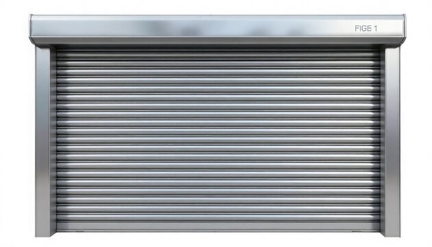 A closed silver metal rollup garage door with a white background