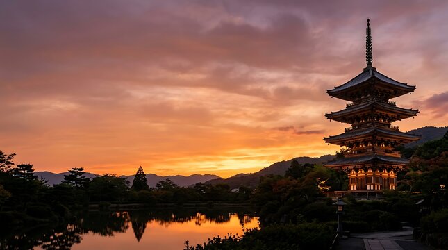 Traditional japanese pagoda temple at sunset with lake reflection