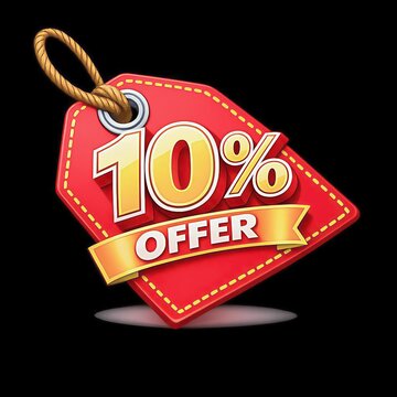 Bright red sale tag with 10 percent discount offer isolated on black background