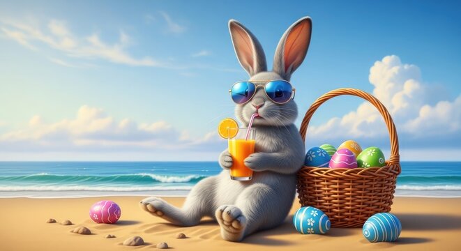 Summer drinks easter bunny enjoying orange juice on beach