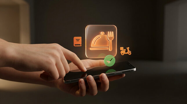 Hand holding a smartphone with floating 3D glass icons for food delivery service and online ordering, used for mobile app marketing and tech concepts.