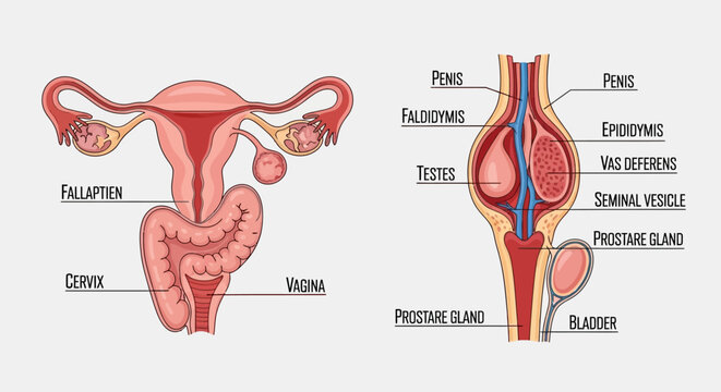 Detailed Labeled Diagram of Human Male and Female Reproductive Systems Anatomy, Biology Education Illustration