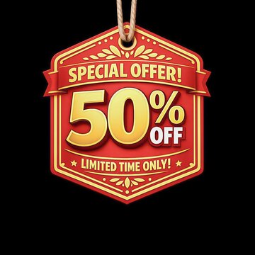 Vibrant Red and Gold Sale Discount Badge with Fifty Percent Off Offer on Black Background