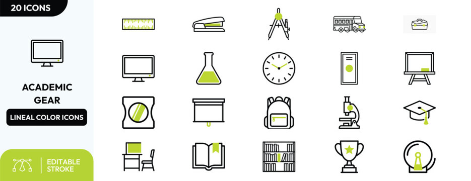 Academic Gear Line Icons Set with School Supplies.